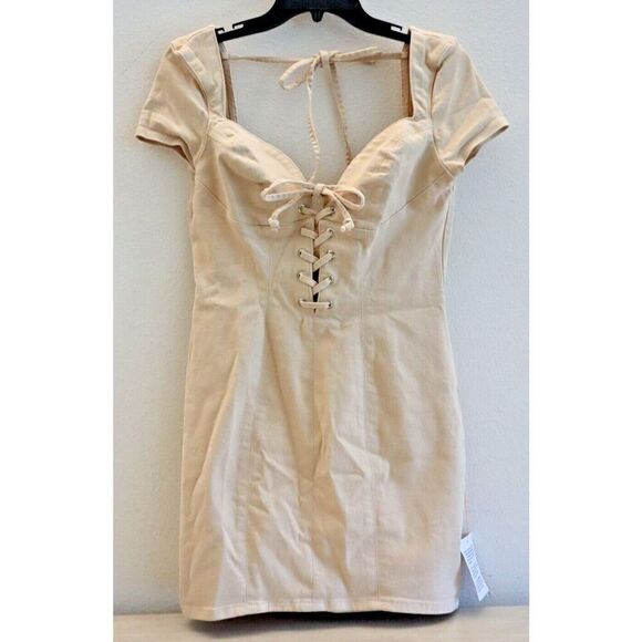 ASOS Luxe Women's Sz 10 Camel/Beige Hourglass Sexy Plunge Lace-Up Mini Dress - Picture 1 of 12